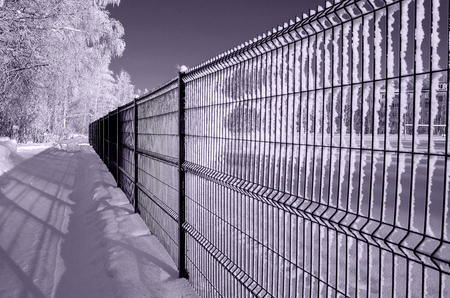 The metal fence in the winter Park is depicted in a sharp perspective, occupies half of the image field, close-up, monochrome, instagram.の写真素材