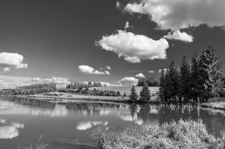 Summer view of the water surface of the river with overgrown picturesque banks and Cumulus clouds in the blue sky.の写真素材