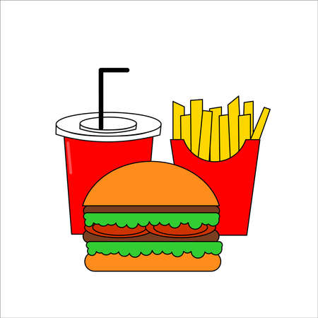 illustration of fast food and drink, soda drink, burger and friesのイラスト素材