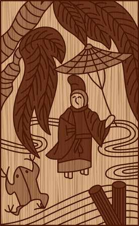 Wood Carving Style Hanafuda Shimotsuki Tochi November Michikaze Ono Tochi and Michikaze Onoのイラスト素材