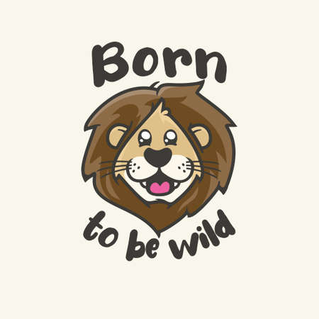 Funny lion head cartoon illustration with text âborn to be wild"のイラスト素材