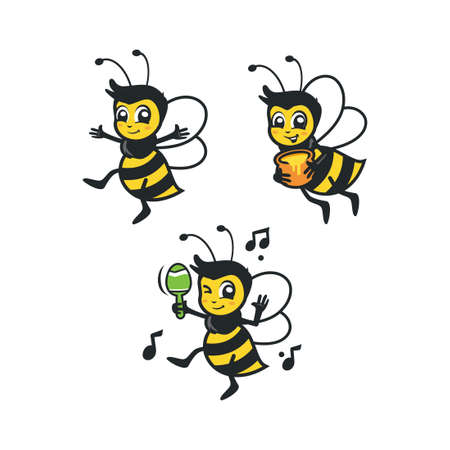 Cartoon Funny Black Yellow Striped Bee Vector Collectionのイラスト素材