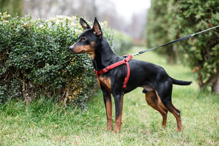 Miniature Pinscher dog is on the green grass on the background of shrubs and trees.の写真素材