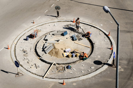 Workers making ring road interchanges. Top view. Ivano Frankivsk. Ukraine-23 may, 2017