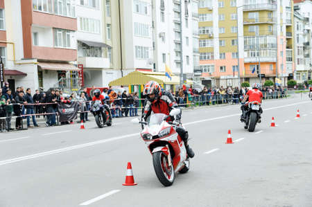 Motorcyclists are showing extreme driving a motorcycle. Ivano Frankivsk. Ukraine. 05/14/2017のeditorial素材