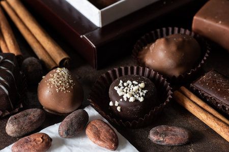 Still life with chocolate candies, cinnamon and cocoa beans on a dark background.