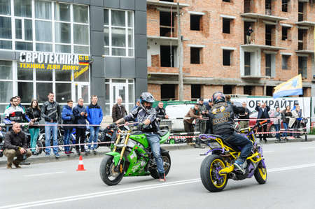 Motorcyclists are showing extreme driving a motorcycle. Ivano Frankivsk. Ukraine. 05/14/2017のeditorial素材