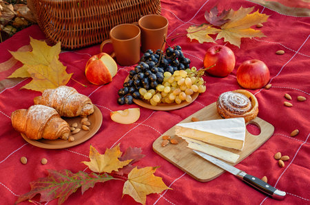 Still life with picnic autumn mood. At the checkered blanket has a basket, grapes, almonds, bun,...