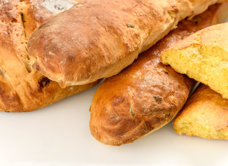 Homemade bread close up. Loaves on a white background.の写真素材