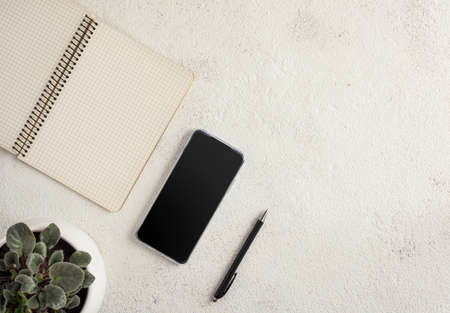Notebook, smartphone, ballpoint pen and flowerpot on a white background.の写真素材