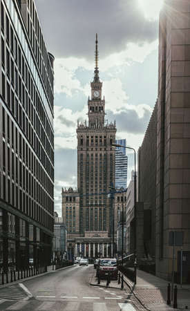 Warsaw, Poland- 04.16.2022: View of the Palace of Science and Culture. Skyscraper in the business district in the capital.のeditorial素材