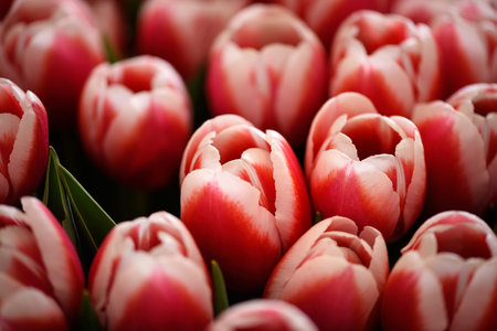 Lots of two-tone blooming tulips. Flowers background.の写真素材