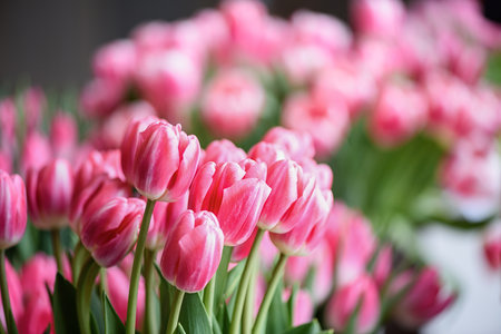 Lots of blooming tulips. Flowers background.の写真素材