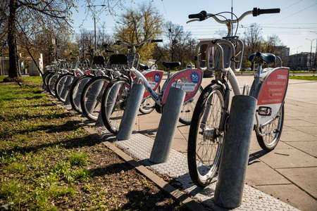 Warsaw, Poland- 04.18.2022: Bicycle rental payment terminal with solar panel.   1569のeditorial素材