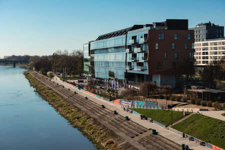 Warsaw, Poland- 04.18.2022: Modern houses with glass facades on the banks of the Vistula.