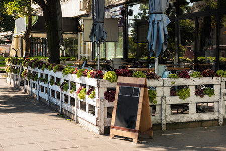 The patio of the summer restaurant. The area is fenced with painted pallets and decorated with plants.の写真素材