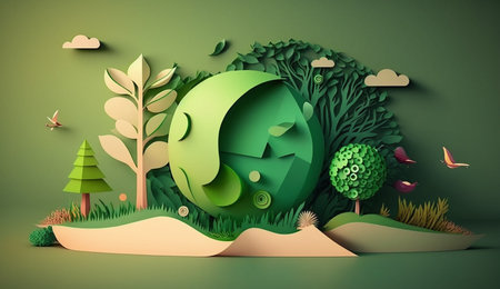 Green paper cut design as world decorate by forest and leaf with cute design to encourage saving world. Earth day, Sustainability concept.generative AIの素材
