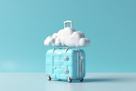 blue baggage suitcase with cloud on blue background ready for going aboard and travel on holiday , Generative AIの素材
