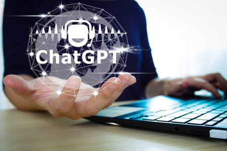Woman holding Chat GPT virtual icon and graphic with laptop, intelligence Ai, Chat GPT Chat with AI...