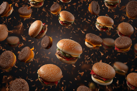 Flying many burger ,a Food and bakery concept ,Unhealthy food,  Generative AIの素材