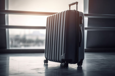A baggage suitcase at the airport ready for going aboard and travel on holiday , Generative AIの素材