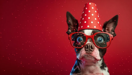cute smile puupy dog wearing red glasses on red background with a surprised face, Generative AIの素材