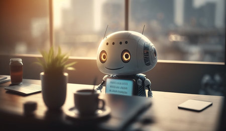 Cute chatbot wear headphone is sitting at table and on phone line  talking to customer , a Chatbot GPT , Online marketing, Generative AIの素材