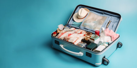 Top view Luggage with travel acessories on blue background , summer holiday and travelling concept ,Generative AIの素材