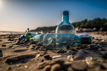 Many plastic bottle and trash on beach , World environmental and recycle day, Sustainability . AI Generativeの素材