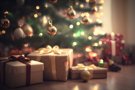 Beautiful Christmas gift boxes on floor near fir tree in room, Christmas and Happy new year party celebration. AI Generativeの素材