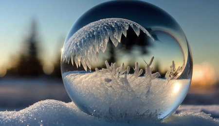 Crystal glass bubble sphere transparent ball cover with snowflake is on snow with blur  background in winter season and landscape, Merry Christmas and Happy new year. AI Generativeの素材
