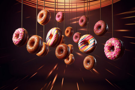 Flying of mix favour of doughnuts scene with blue sky background, sweet and dessert, a Food and bakery , diabete concept.AI Generativeの素材