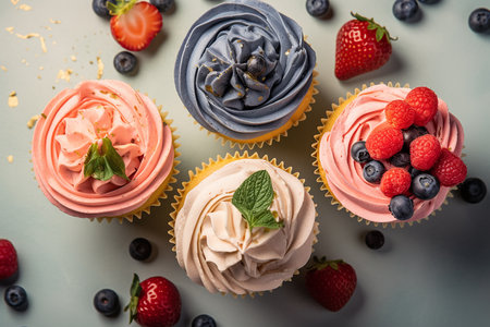 Fresh Baked Homemade Cupcakes topping with Buttercream and Berries for birthday party,sweet and dessert, Food and bakery , diabete concept.AI Generativeの素材