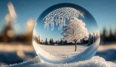 Crystal glass bubble sphere transparent ball cover with snowflake is on snow with blur  background in  winter season and landscape, Merry Christmas and Happy new year.AI Generativeの素材