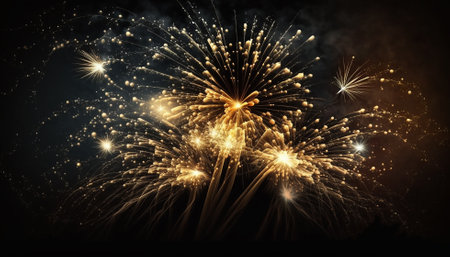 Explosion of fireworks , The fiery tails of comets, light up the dark sky for New Year celebration and illumination festival . AI Generativeの素材