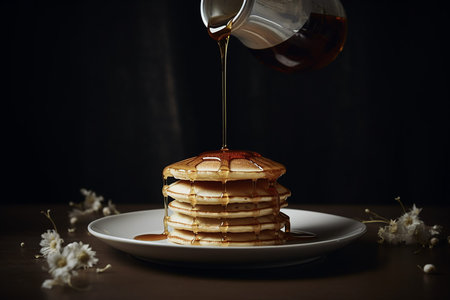 Maple syrup is pored on to homemade pile of pancake ready for serve and eat, dessert ,sweet, food and bakery concept , diabete concept.AI Generativeの素材