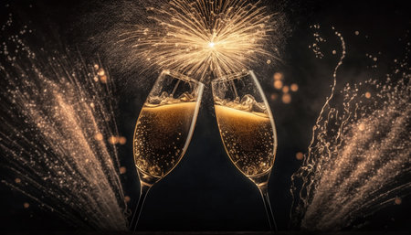 Toasting with two champagne glasses on sparkling and firework background for greeting New year and Christmas celebration, a Dinner party anniversary with romance.AI Generativeの素材