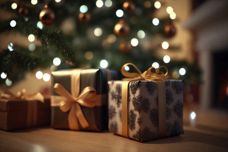 Beautiful Christmas gift boxes on floor near fir tree in room, Christmas and Happy new year party celebration.AI Generativeの素材