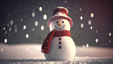 Happy Greeting smiling snow man wear red hat stand in a snow and winter landscape on sunshine day for Merry Christmas and happy new year. AI Generativeの素材