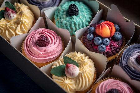 Fresh Baked Cupcakes topping with Buttercream and Berries for birthday celebrate new year and christmas party , sweet and dessert, Food and bakery , diabete concept.AI Genertiveの素材