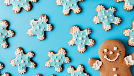 Gingerbread biscuit with snow man and icing as snow for Christmas and happy New Year celebration and party ,Cookies and bakery.AI Generativeの素材