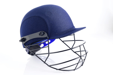 Close up of Blue Cricket Helmet on White Backgroundの写真素材