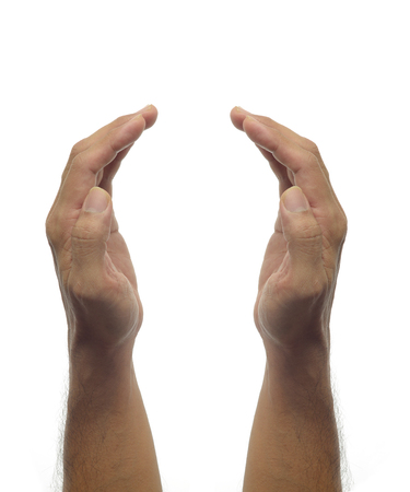 Human hands -protecting gesture on white backgroundの写真素材