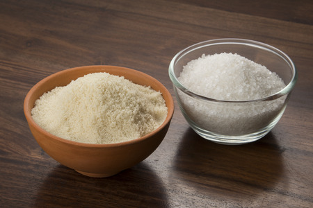 Food: Closeup of  White and Brown Sugar Isolated on Wooden Backgroundの写真素材