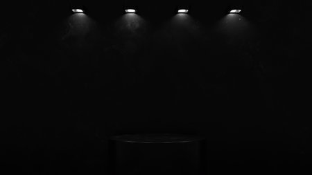 3d render black podium design, black product stage concept design, realistic product showcase platform 3d illustrationの写真素材
