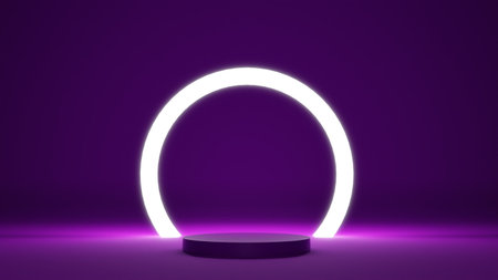 purple stand for product display, neon product presentation dark theme 3d illustration, blank podium...