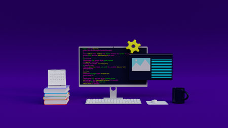 programmer workstation 3d concept design, programming product marketing concept design 3d illustration, best for website banner and programming adsの写真素材