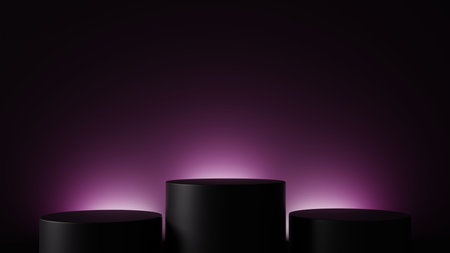 three product showcase podium 3d illustration design with glowing light behind podiums, backdrop design for product showcase or presentation for social media or product advertising 3d renderingの写真素材