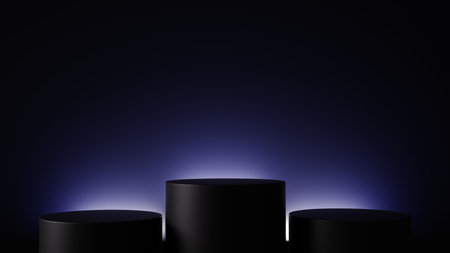 three product showcase podium 3d illustration design with blue glowing light behind podiums, backdrop design for product showcase or presentation for social media or product advertising 3d renderingの写真素材