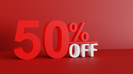 50% off backdrop for sale or Friday market sales or eCommerce sale background in 3d rendering, 50% discount for sale price in shop on Friday market 3d illustration, backdrop for big half discountの写真素材